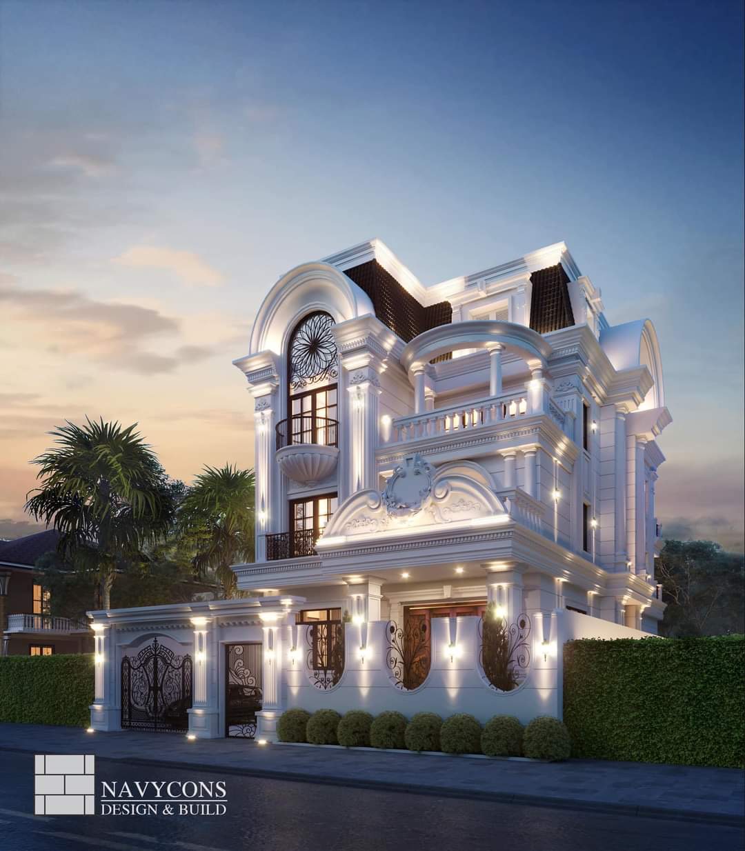 Phối cảnh 3D ban đêm Villa KDC Đông Thủ Thiêm với hệ đèn làm nổi phào chỉ tân cổ điển