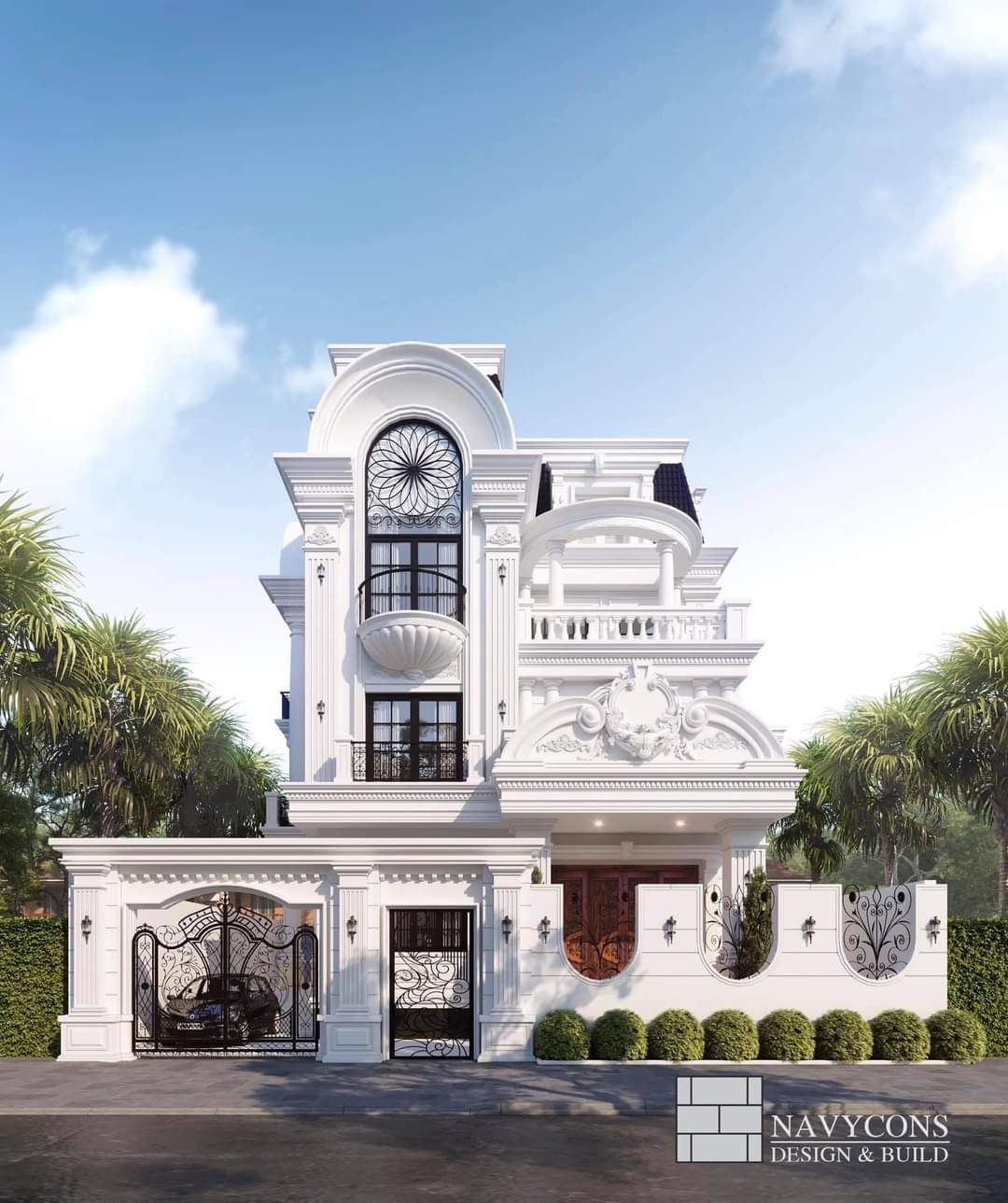 Phối cảnh 3D mặt tiền ban ngày Villa KDC Đông Thủ Thiêm biệt thự tân cổ điển