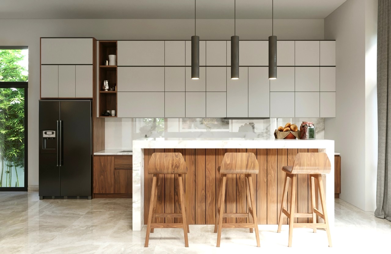 Phối cảnh 3D khu bếp đảo marble Villa KDC Đông Thủ Thiêm