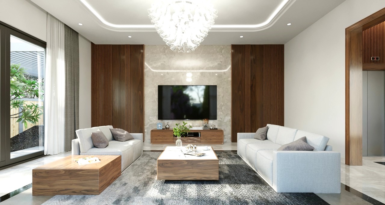 Phối cảnh 3D phòng khách Villa KDC Đông Thủ Thiêm ốp marble và gỗ óc chó