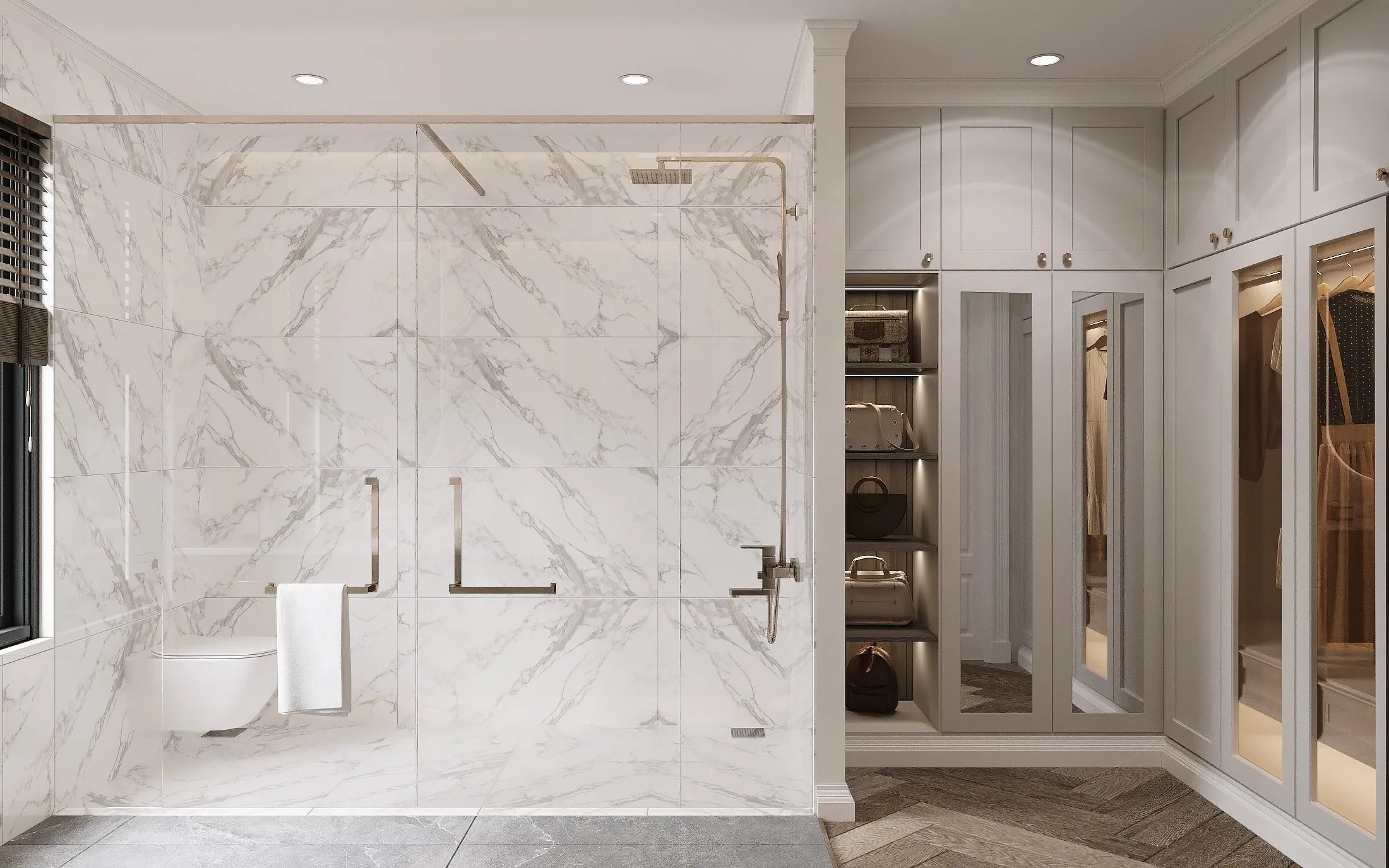 Phòng tắm master ốp đá marble và tủ quần áo cánh kính tại biệt thự M12