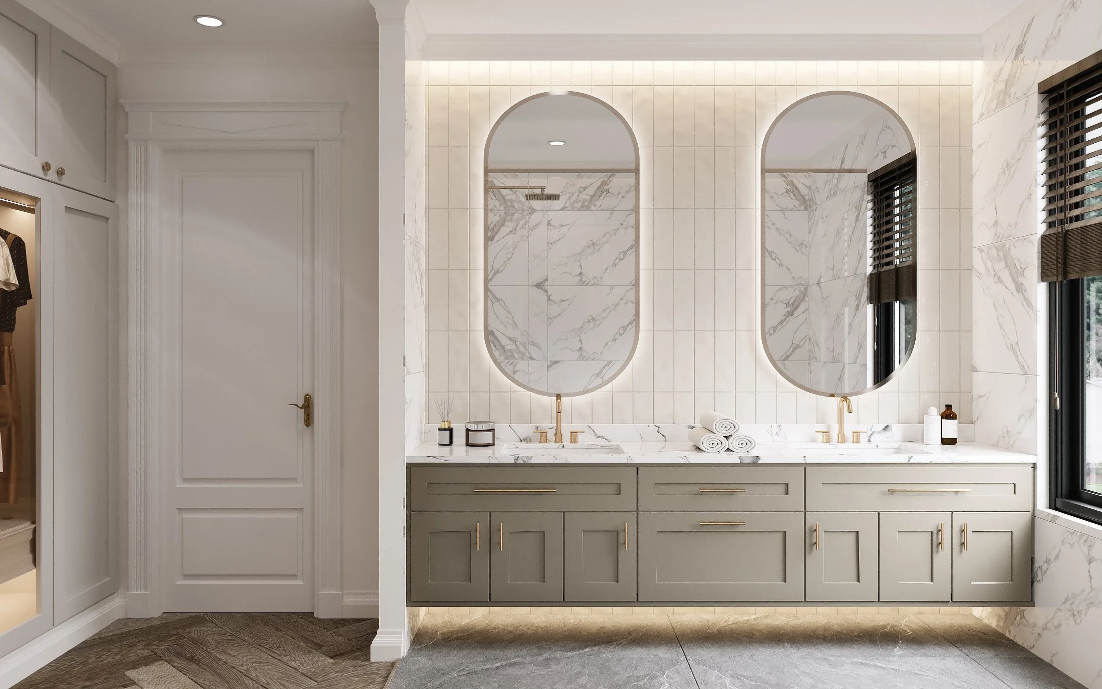 Lavabo đôi âm bàn đá và cặp gương oval hắt sáng LED tại biệt thự M12