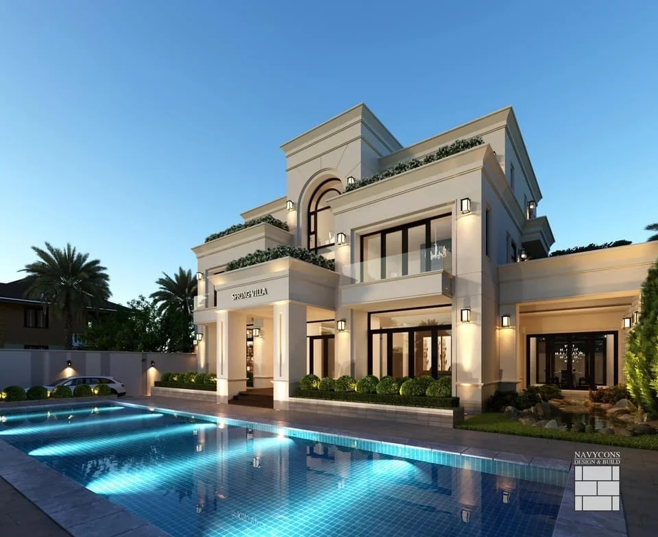 Phối cảnh 3D Pool Villa Skypiea buổi chiều tối với hồ bơi chiếu sáng